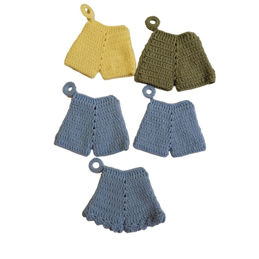 Vintage Handmade Crochet Shorts Pot‎ Holders Set of 5 Blue Green Yellow Kitchen